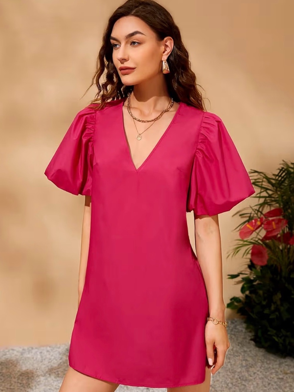 Ana Cate Pink Bubble Sleeve V-Neck Dress Sz M 🌸✨